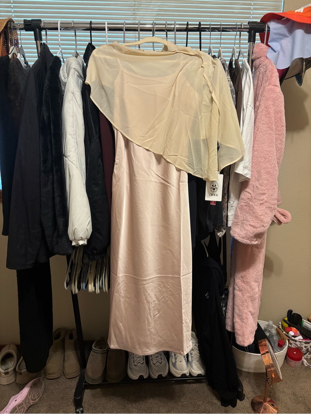 Cider One-Shoulder Cream Slip Dress with Sheer Capelet